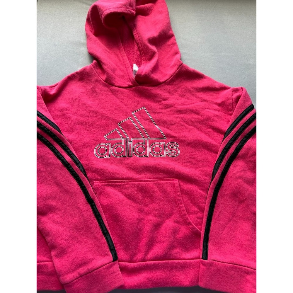 Adidas Youth Girls Crooped Hoodie M (10/12) Pink Logo 3 Stripe Pullover Pockets - Picture 3 of 14